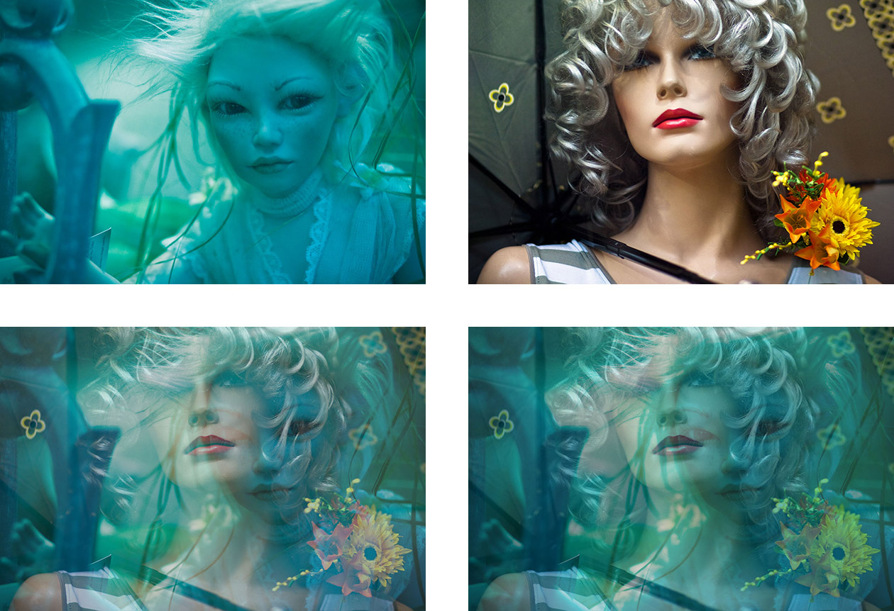 Figure 10 — Effects of gamma-incorrectness when compositing photographic images (by yours truly). The two original images from the top row are laid on top of each other in the bottom row, with the blueish image on top having 60% opacity. The left image is the gamma-correct one. Tested with Photoshop CS6. (Click on the image to enlarge it to see the details better.)