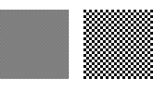Figure 11 — Black and white checkerboard pixel pattern frequently used in
simple gamma calibration programs. The averaged light emission of the area
occupied by the pattern is equal to that of a solid 50% grey square. The
right image shows the pattern at 400% magnification.