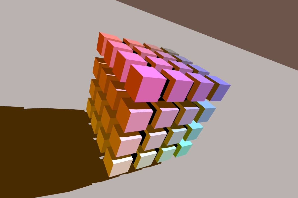 Figure 4 — A cube made up of 64 smaller cubes. Even with our slightly
“incorrect” normal calculation method, no weird artifacts can be
observed whatsoever.