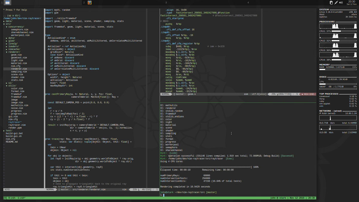 Figure 1 — urxvt + tmux + Vim. That’s how I’m spending way too much of my
waking time inside a darkened room. The x86 assembly listing in the top
right pane serves an important dual purpose: firstly, it is an attempt to
make my programmer peers believe that I really know a lot about computers,
and secondly, it distances me from JavaScript wielding hipsters.