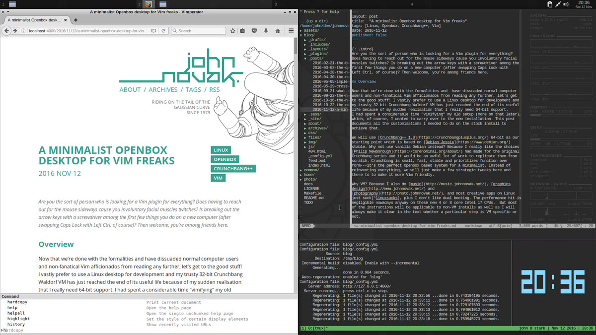 Figure 2 — Another common use-case showcasing the window tiling
functionality. Yes, the browser window shows the post you are reading right
now (plus a Vimperator window, signalling my technical expertise to those
in the know). Life is a big recursion, is it not? Also note the common
staple of wannabe l33t Linux haxxorz, the Ubiquitous Tmux Clock™.